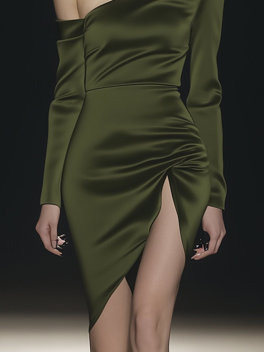 Fashion Slim Dark Green Off-shoulder Slit Satin Mini Dress