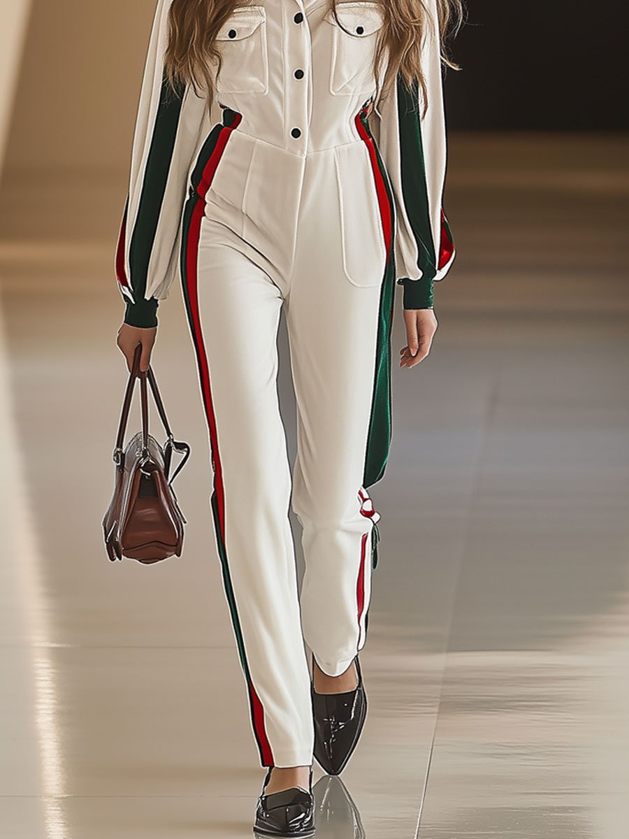 Casual Loose Retro Velvet Red And Green Striped Multi-Pocket Long-Sleeved Jumpsuit