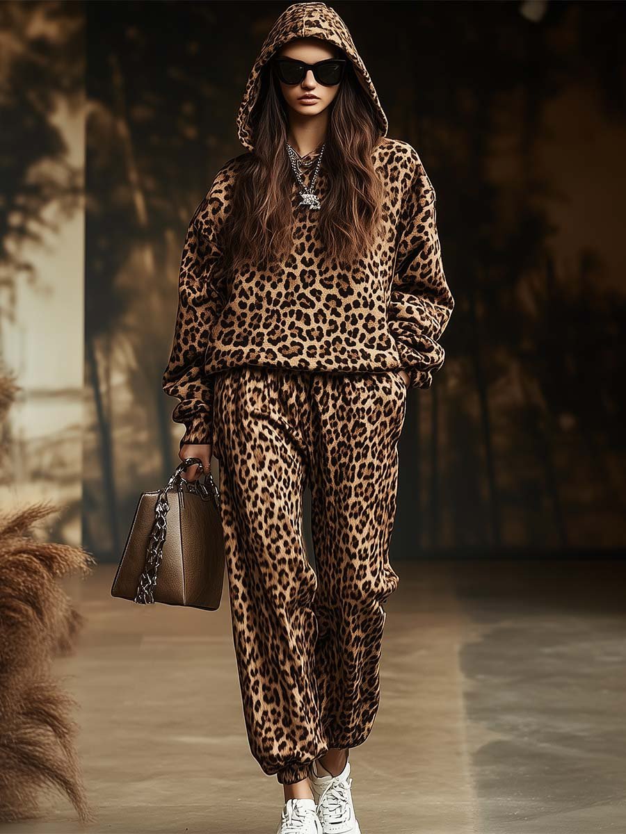 Fashion Retro Casual Hooded Leopard Print Sweatshirt and Pants Two-piece Set