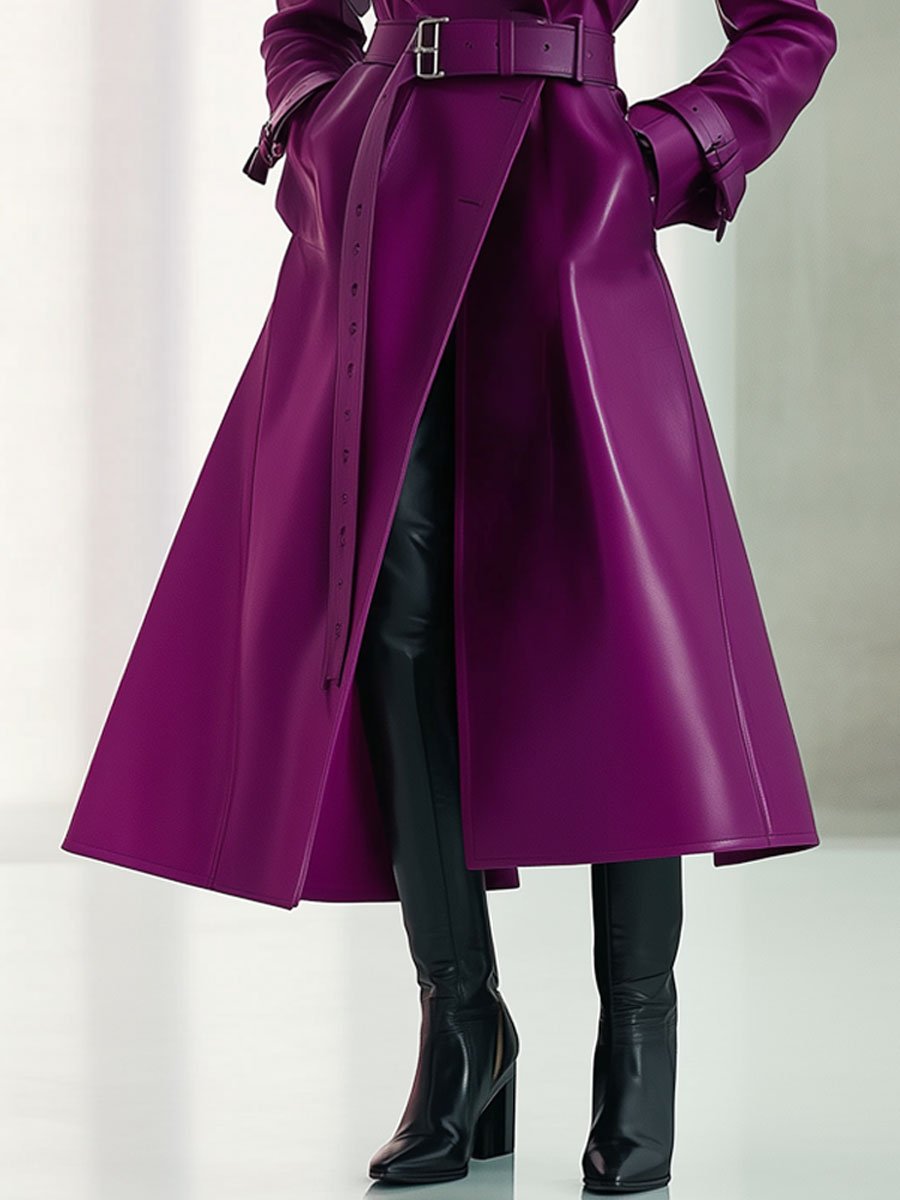 Casual Loose Retro Double-Breasted Lace-Up Purple Eco-Friendly Leather Trench Coat