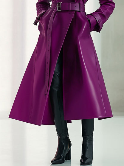 Casual Loose Retro Double-Breasted Lace-Up Purple Eco-Friendly Leather Trench Coat