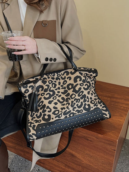 Leopard Print Casual Large Capacity Fashionable Rivet Shoulder Bag