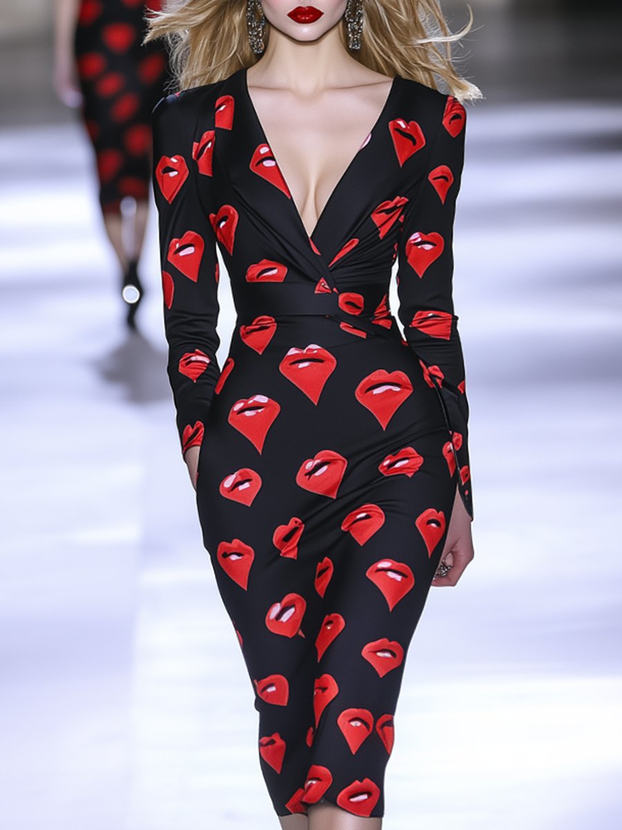 Premium Sexy Fashionable Red Lips Printed V-Neck Wrap Midi Dress