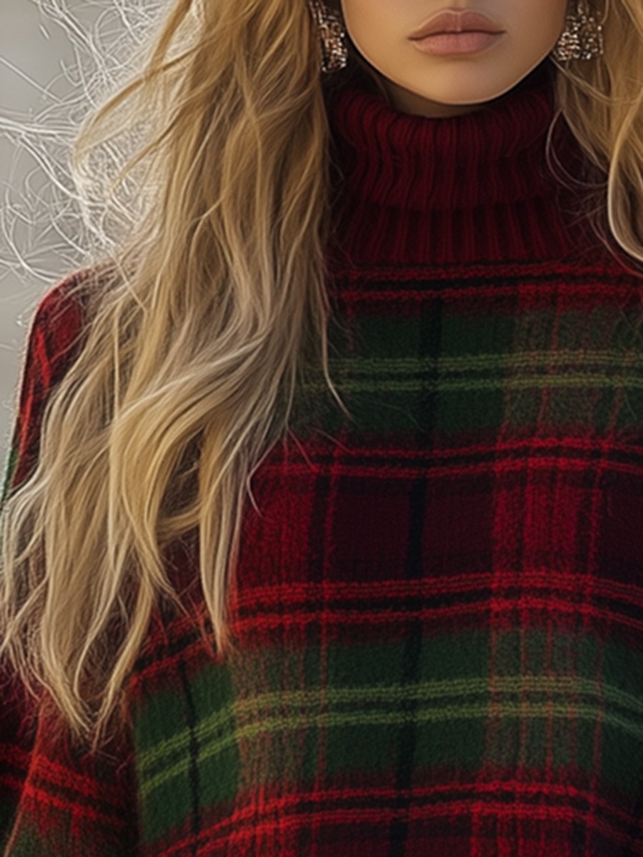 Retro Fashion Casual Loose Plaid Turtleneck Knitted Sweater