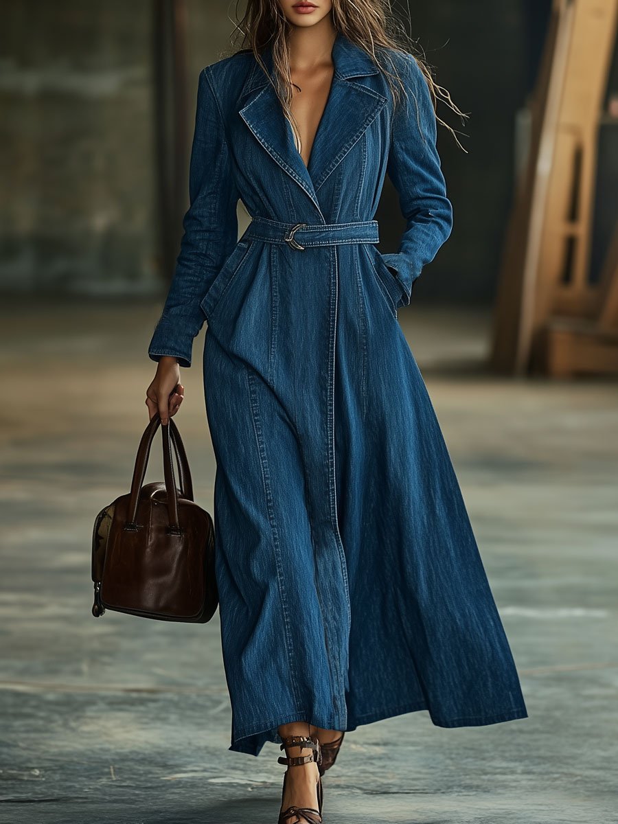 Casual Retro Lapel Waist Denim Long Sleeve Dress Style Trench Coat