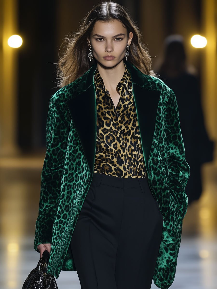 Casual Loose Vintage Green Velvet Leopard Print Lapel Pocket Coat