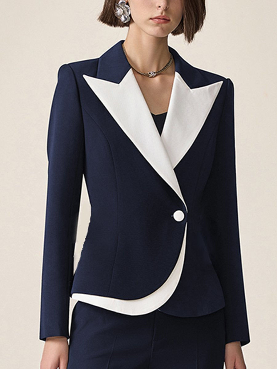 High-End Fashion Temperament Lapel Dark Blue Contrast Color Suit