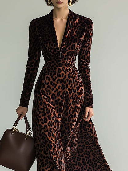 V-Neck Vintage Brown Velvet Leopard Print Long Sleeve Maxi Dress