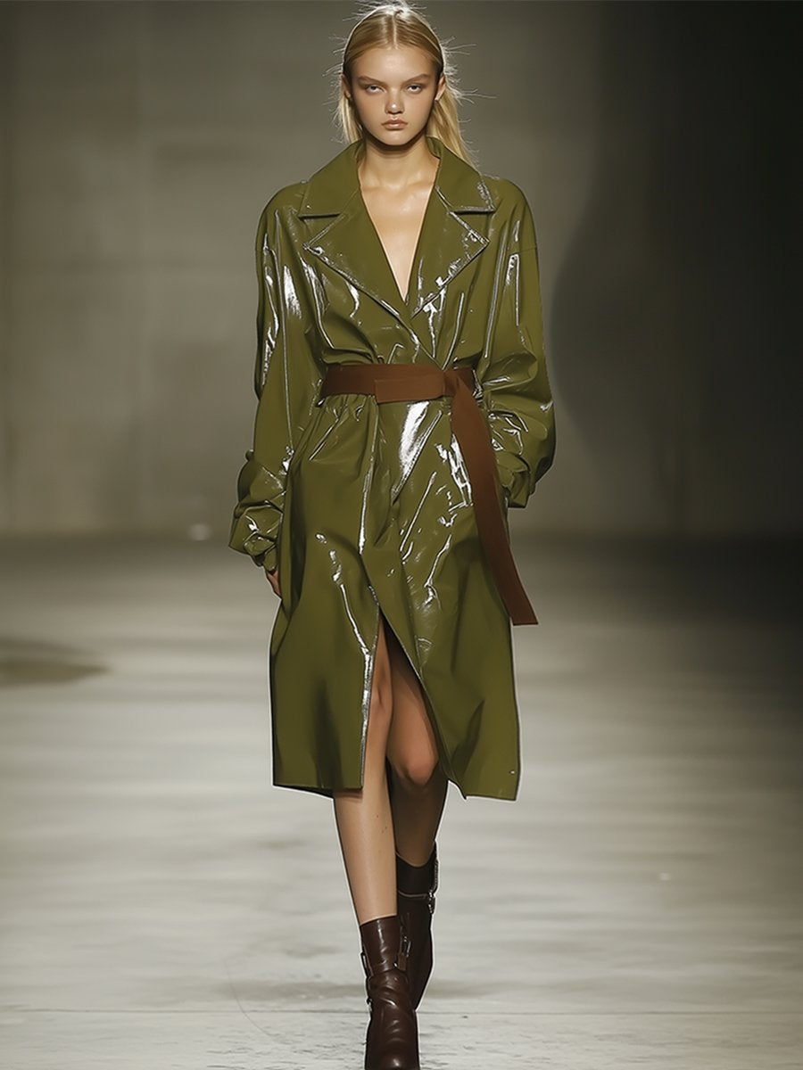 Casual Loose Patent Leather Olive Green Coat