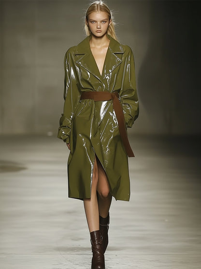 Casual Loose Patent Leather Olive Green Coat