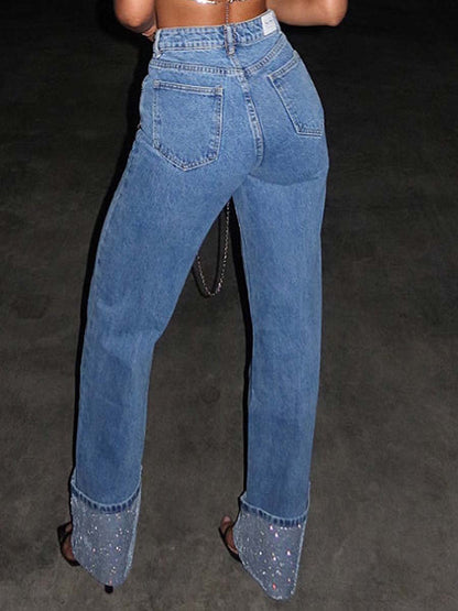 High-end Trendy Straight Jeans with Rhinestone Design On The Hem