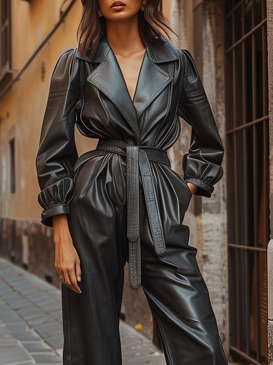 Relaxed Loose Belted Long Sleeve Leather Jumpsuit