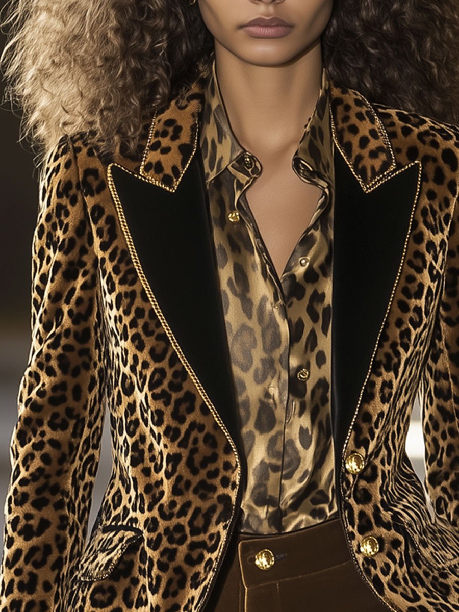 Casual Loose Velvet Leopard Print Colorblock Lapel Gold Edge Blazer