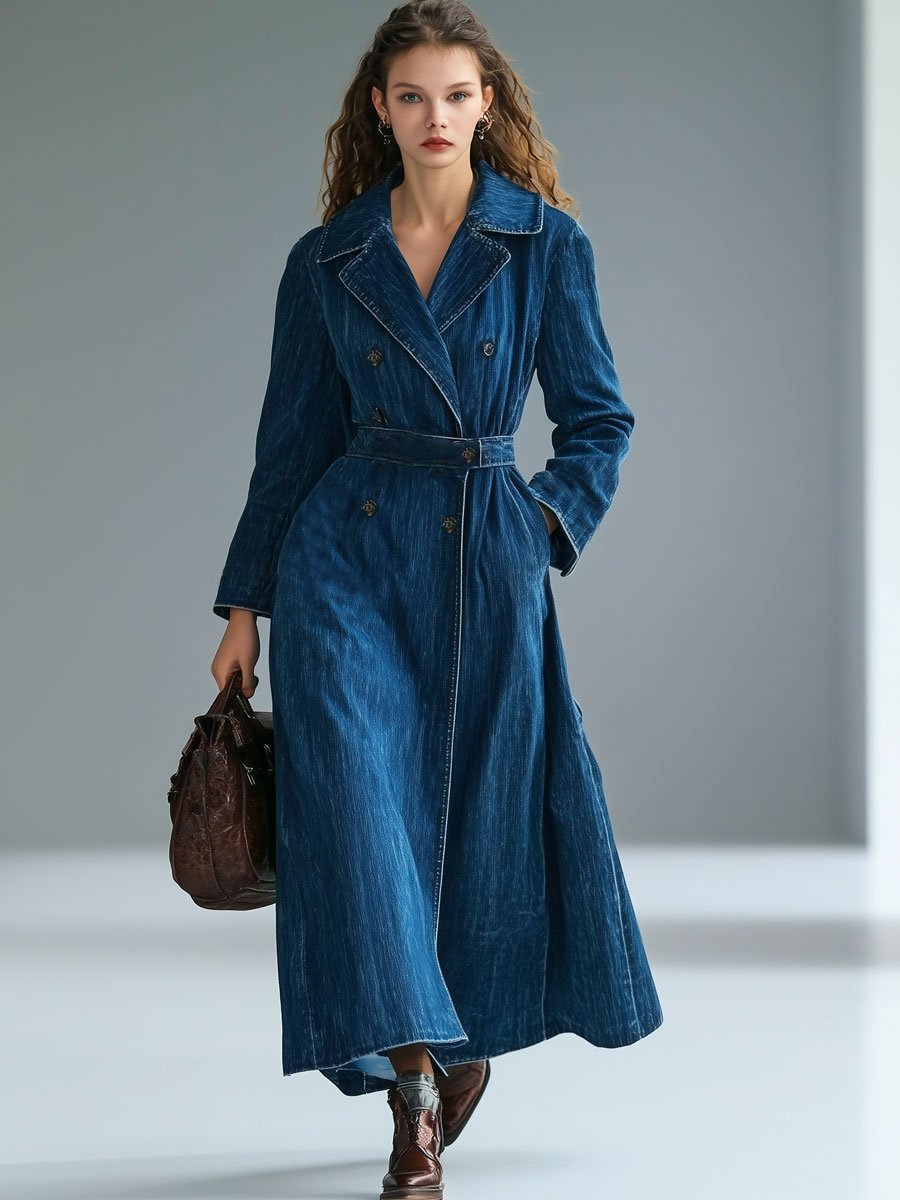 Casual Loose Retro Lapel Tie Double-Breasted Denim Trench Coat