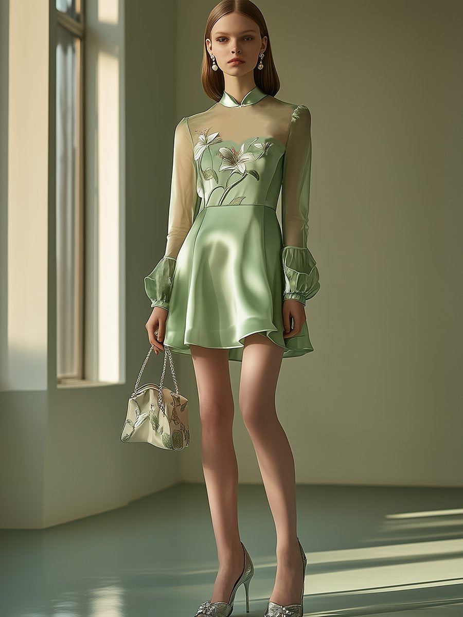 Elegant and Sexy Saga Green See-through Collar Embroidered Mini Dress