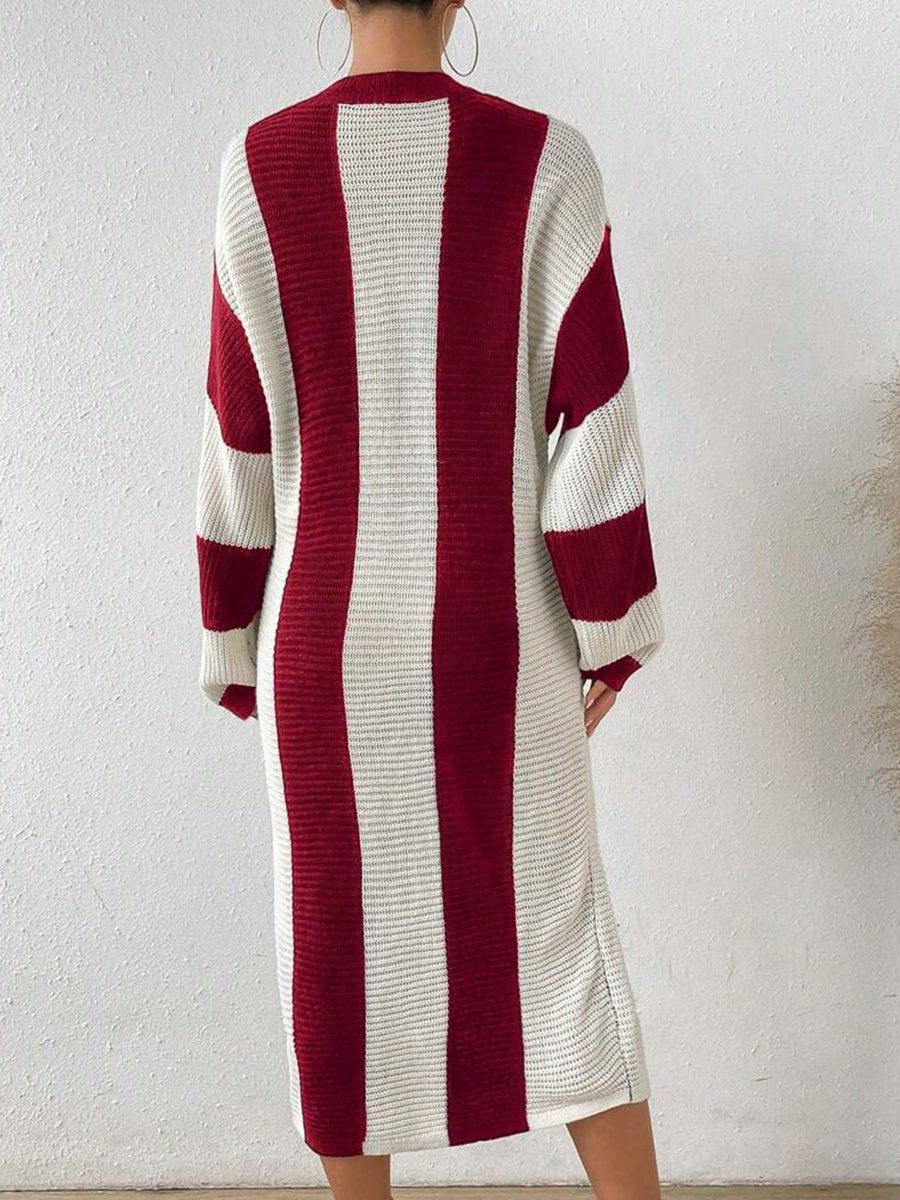 Retro And Fashionable Loose Red And White Color Matching Knitted Midi Dress