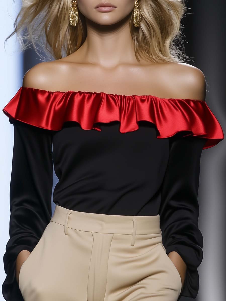 Elegant and Stylish Off-the-shoulder Red Ruffled Black T-shirt