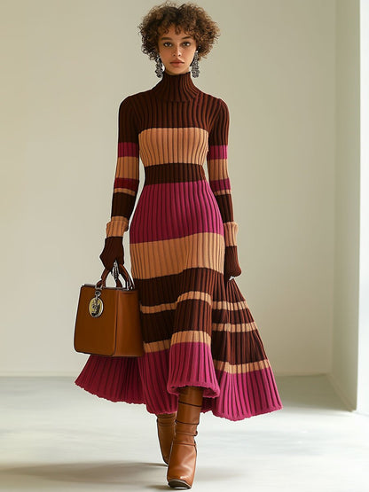 Fashion Loose Retro Color Striped Knitted Turtleneck Midi Dress