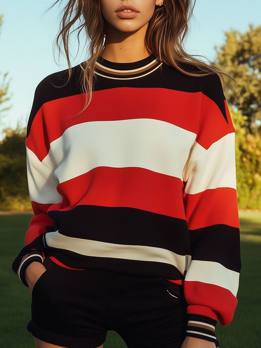 Casual Loose Colorful Striped Crewneck Sweatshirt