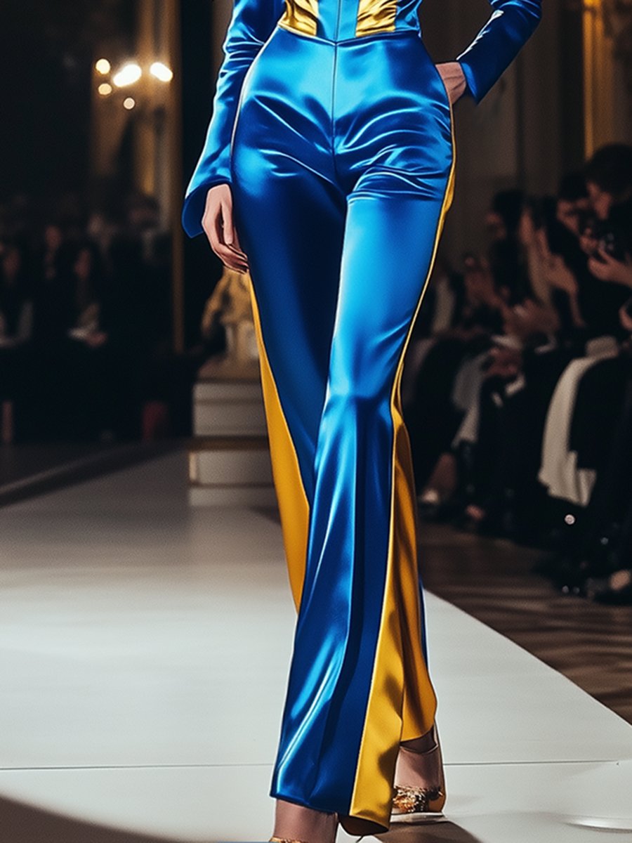 Retro High-End Fashionable Yellow And Blue Contrast Satin Jumpsuit