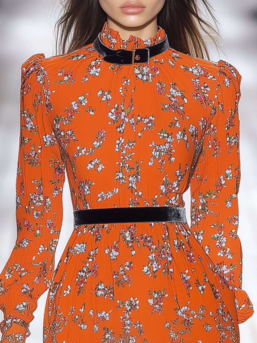 Romantic Floral Print Orange Chiffon Velvet Trim Mini Dress