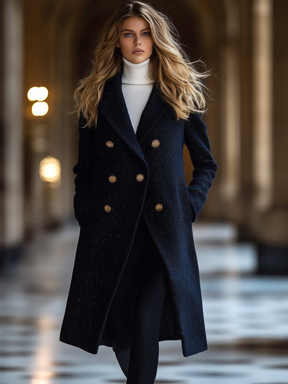 Elegant And Fashionable Loose Gold Double-Breasted Deep Sea Blue Woolen Midi Coat