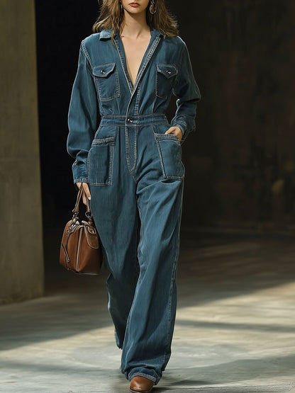 Casual Fashion Retro Multi-Pocket Denim Long Sleeve Wide Leg Jumpsuit