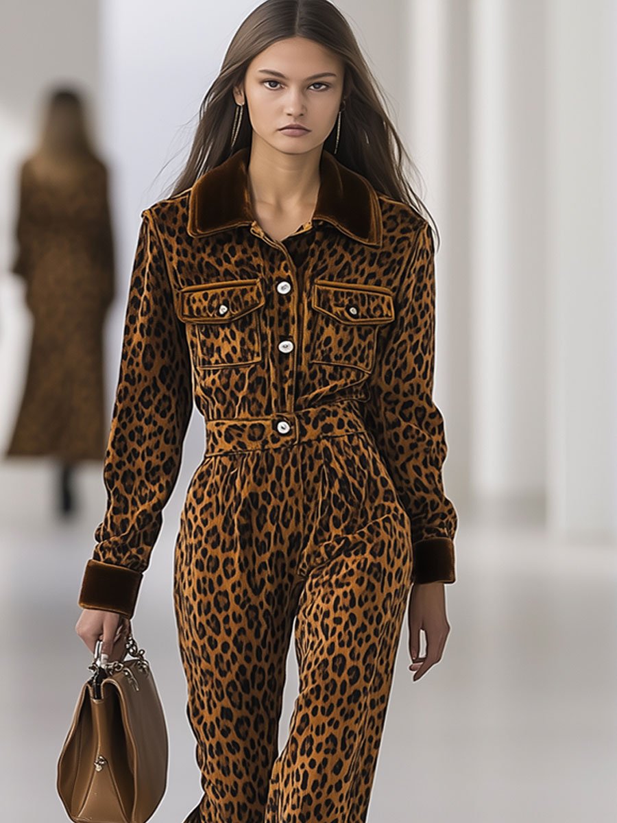 Casual Loose Retro Velvet Leopard Print Patchwork Long-Sleeved Jumpsuit