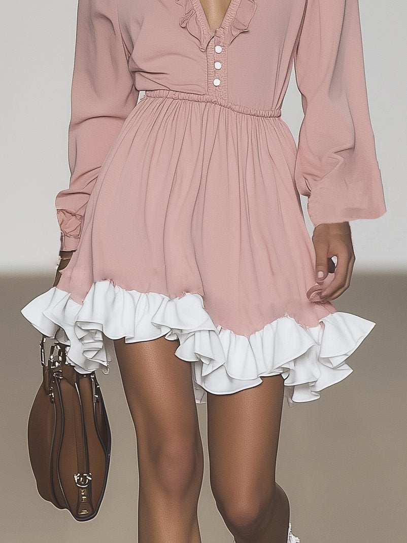 Soft Light Pink Ruffled Long Sleeve Mini Dress