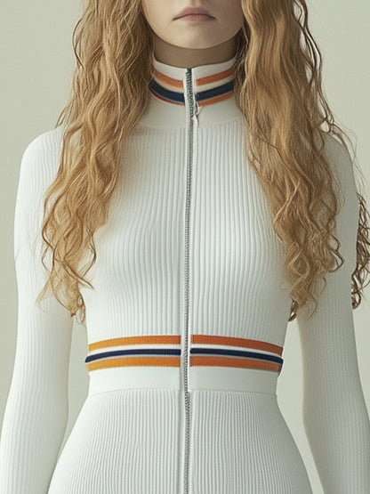 Casual Sporty Orange Striped White High Collar Ribbed Long-sleeved Mini Dress