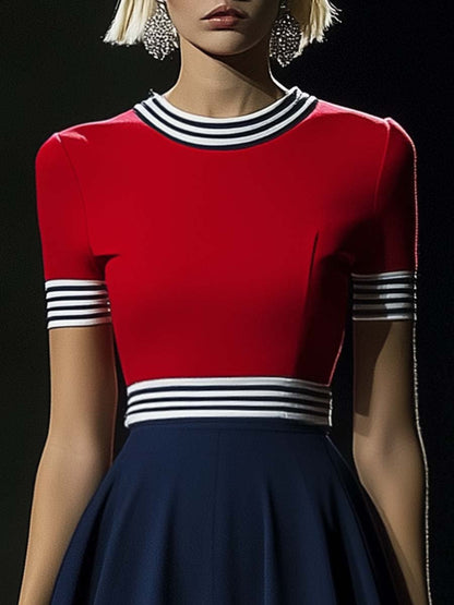 Fashion Round Neck Waist A-line Red Navy Blue Contrast Color Mini Dress