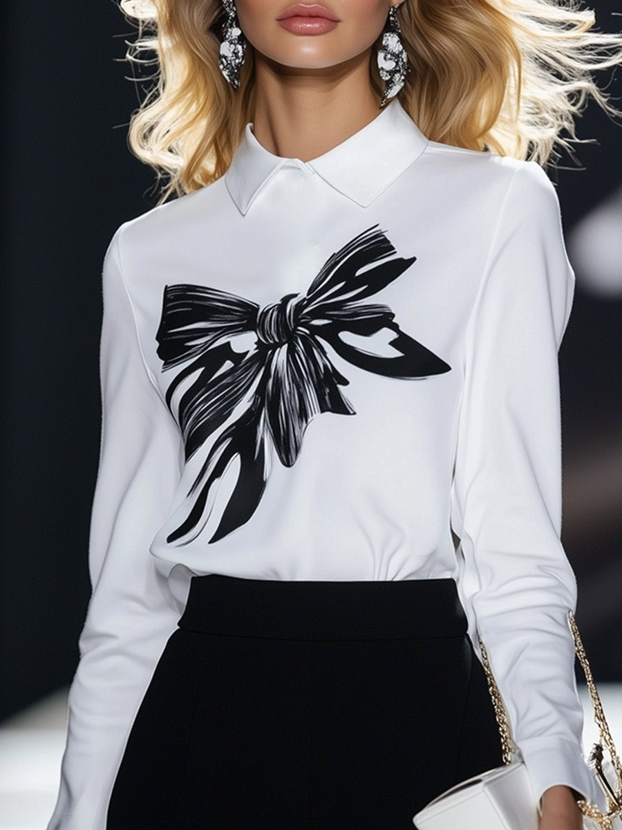 Fashionable And Casual Bow Print Polo Collar Top