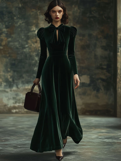 【24-hour shipping】Fashion Party Solid Color Velvet Stand Collar Bowknot Long Sleeve Maxi Dress