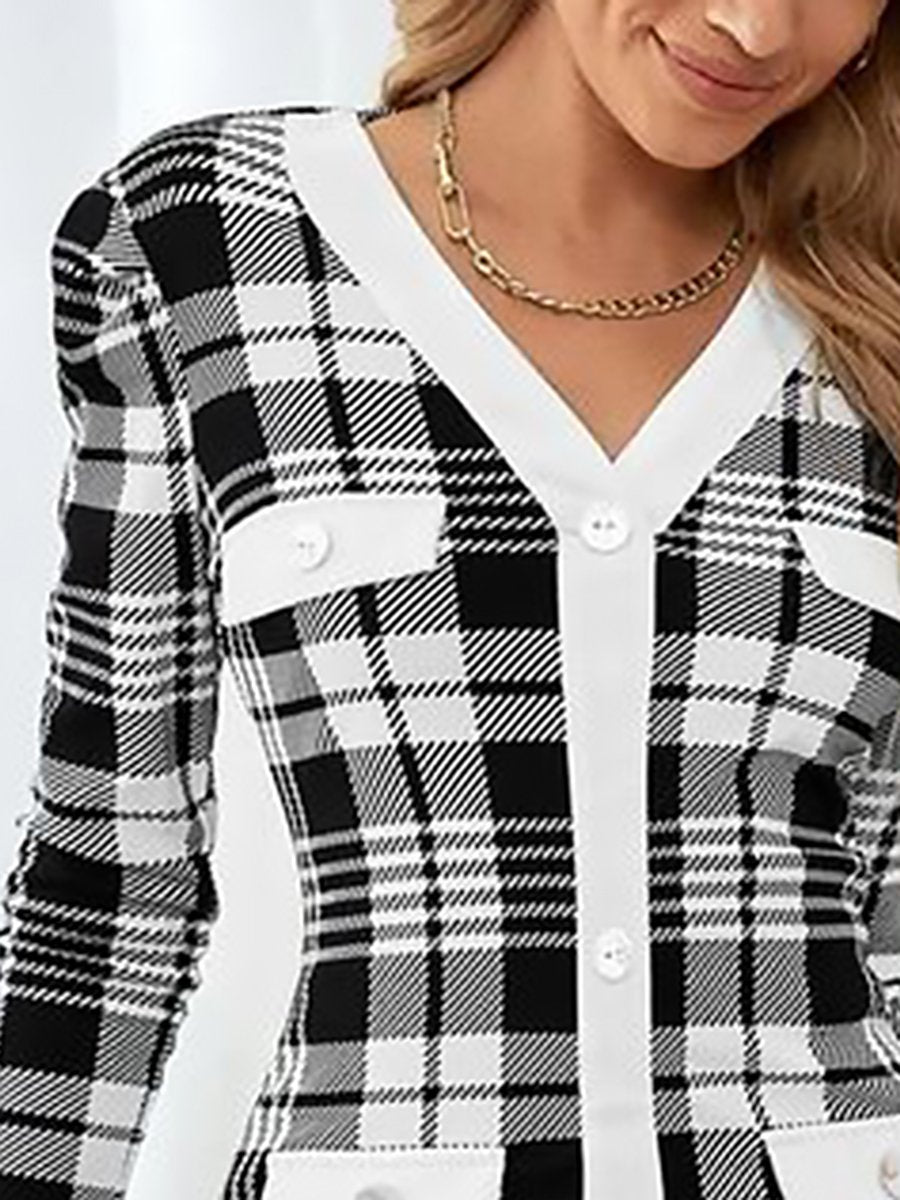 High-End And Fashionable Black And White Plaid Knitted Mini Dress