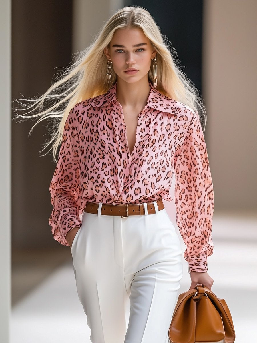 Gentle Wild And Fashionable Pink Leopard Print Chiffon Shirt