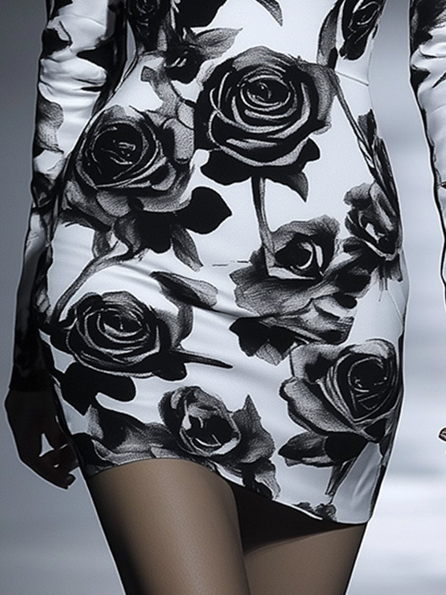 Exquisite And Fashionable Romantic Black And White Rose Print Mini Dress