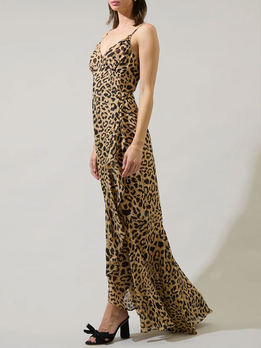 Fashion Party Leopard Print Chiffon V Neck Sleeveless Ruffle Maxi Dress