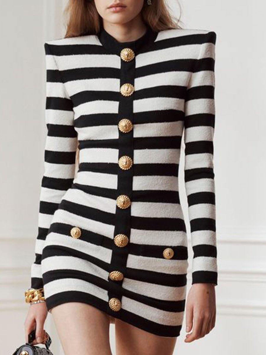 Classic Padded Shoulder Striped Long Sleeve Knit Mini Dress