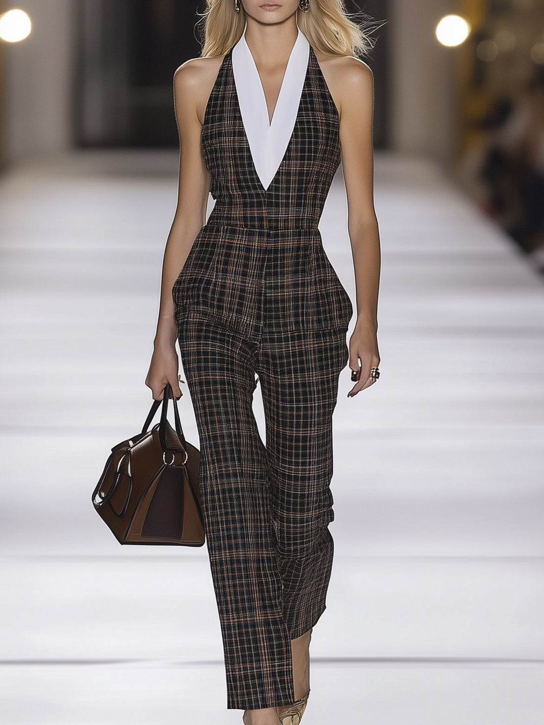 Elegant Halterneck Colorblock Plaid Sleeveless Jumpsuit