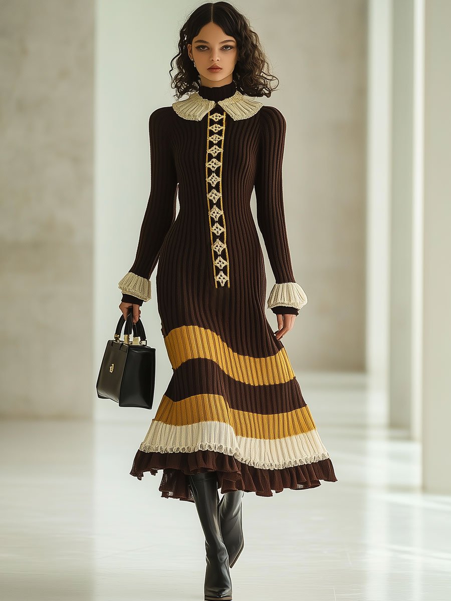 Fashion Loose Retro Striped Colorblock Knitted Long Sleeve Midi Dress