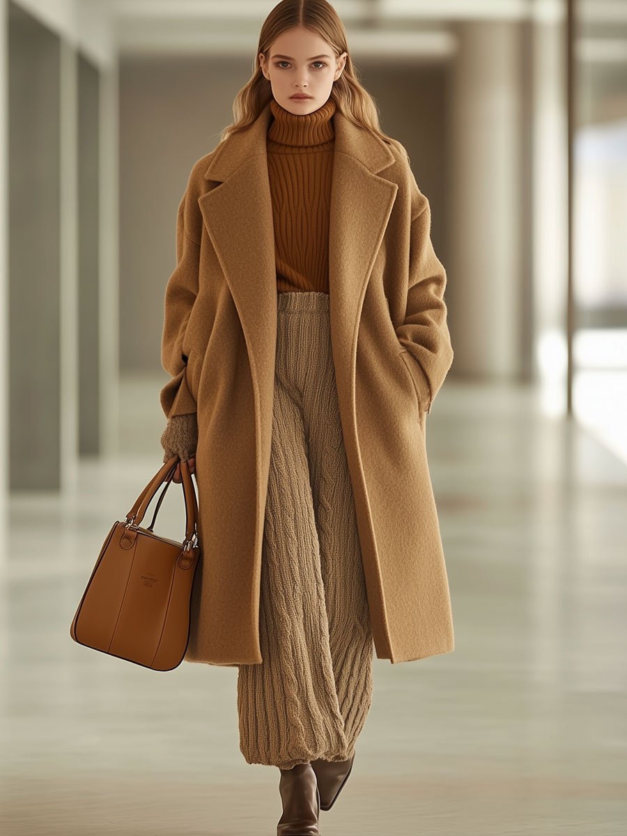 Casual Loose Retro Lapel Pocket Mid-Length Solid Color Woolen Coat