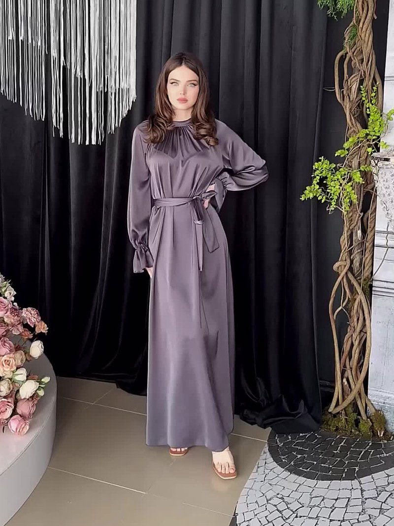 Classic Satin Long Sleeve Loose Belted Maxi Dress