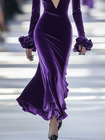 Fashion Retro Party Purple Velvet V-neck Ruffled Fishtail Maxi Dress