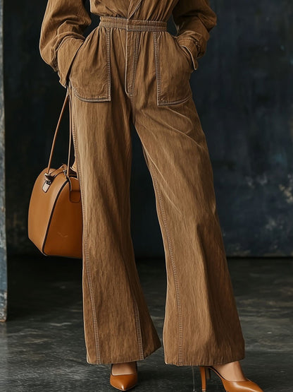 Casual Retro Elastic Waist Long Sleeve Wide Leg Jumpsuit