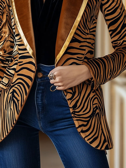 Casual Loose Vintage Velvet Zebra Print Gold Edge Lapel Blazer