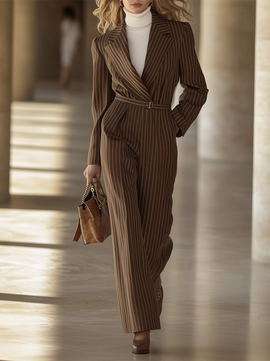 Casual Loose Fashionable Brown Striped Wide Leg Jumpsuit