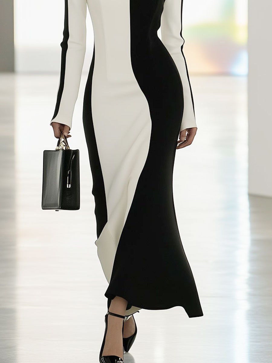 Fashion Retro Black And White Stitching Long Sleeve Maxi Dress