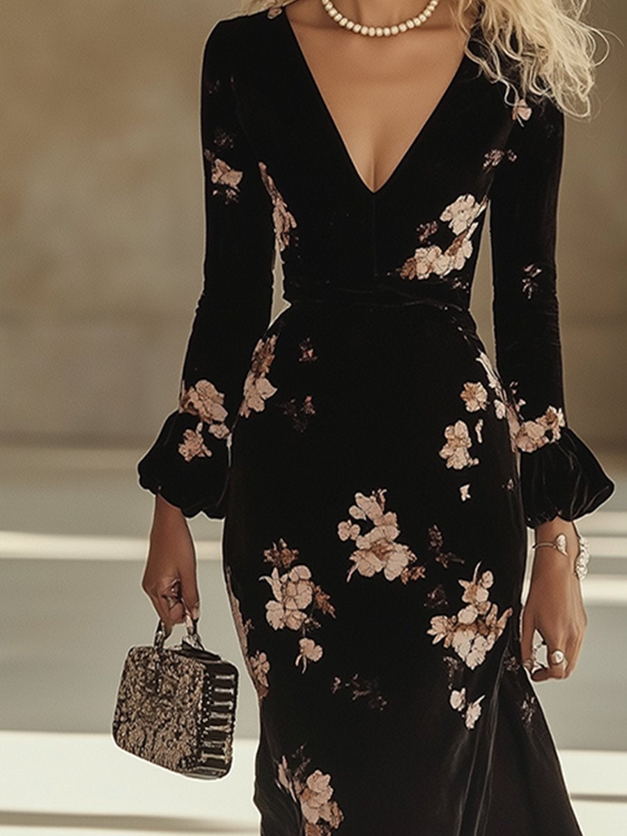 Retro Elegant V-Neck Velvet Printed Long Sleeve Maxi Dress