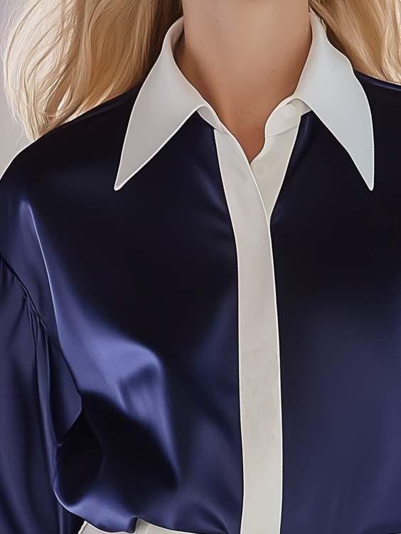 Basic All-Match Dark Blue Lapel Long-Sleeved Shirt