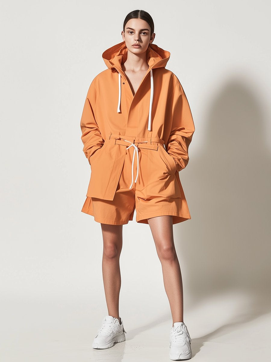 Fashionable Casual Orange Drawstring Sports Jumpsuit